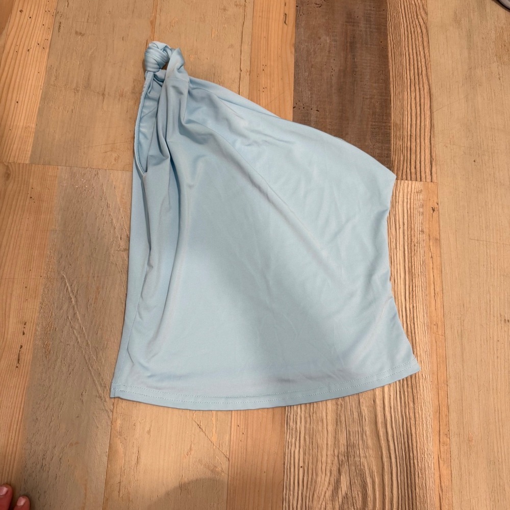 One Shoulder Knot Detail Top Small Light Blue Stretch Summer Sleeveless Blouse
